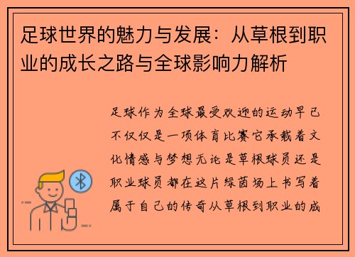 足球世界的魅力与发展：从草根到职业的成长之路与全球影响力解析