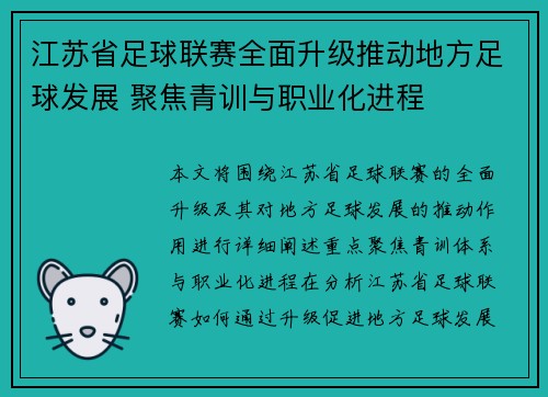 江苏省足球联赛全面升级推动地方足球发展 聚焦青训与职业化进程