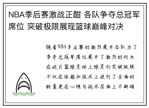 NBA季后赛激战正酣 各队争夺总冠军席位 突破极限展现篮球巅峰对决