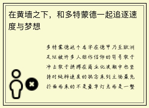 在黄墙之下，和多特蒙德一起追逐速度与梦想