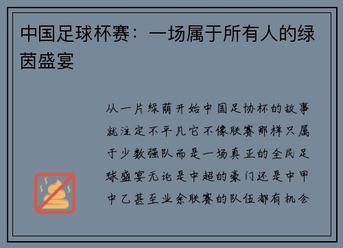 中国足球杯赛：一场属于所有人的绿茵盛宴